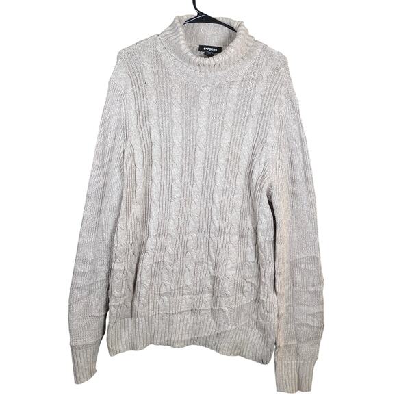 Express Womens Sweater Brown Cable Knitted Mock Neck Long Sleeve Tunic Large - Picture 1 of 12